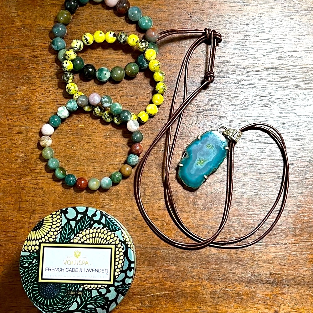 Beaded bracelets 3 new green jade citron African turquoise elastic 7”